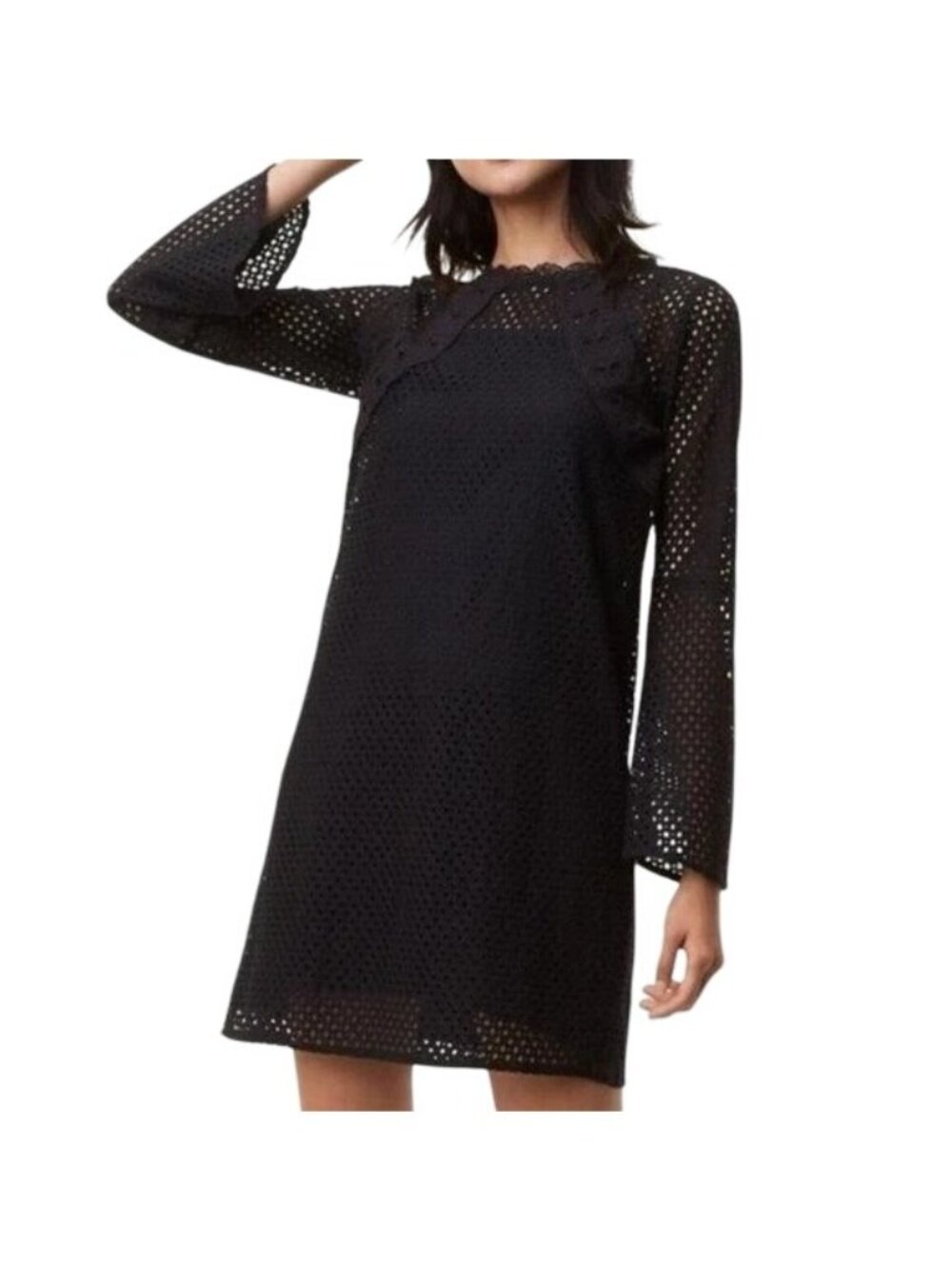 LOFT Shift Dress Size 12 Eyelet Lace Mesh Bell Sleeves Black Dark Bohemian Goth